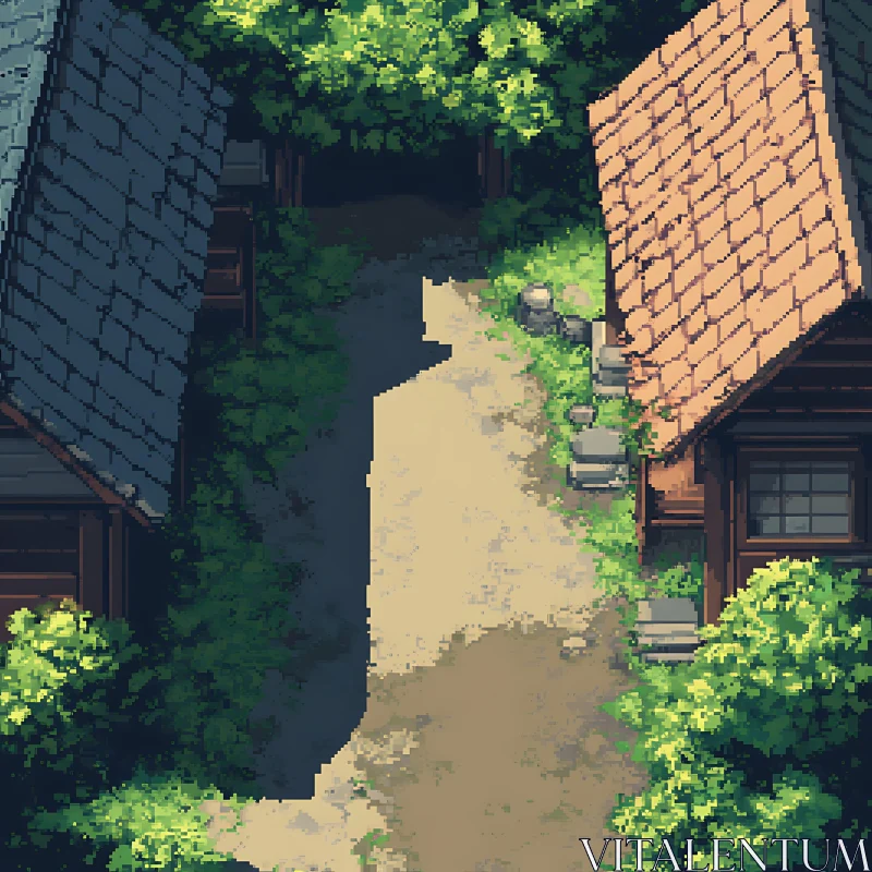 Charming Villagescape with Greenery and Shadows AI Image