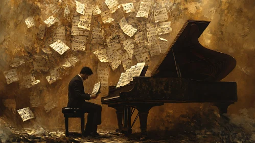 Immersive Musical Scene with Grand Piano and Sheet Music