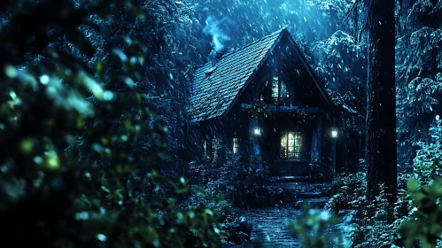 Ethereal Cabin in Rainy Woodland