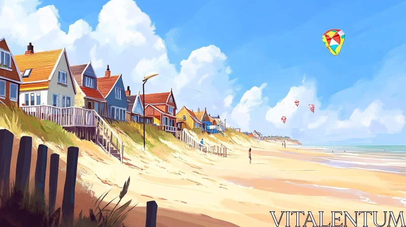 AI ART Tranquil Beach with Colorful Houses and Flying Kites