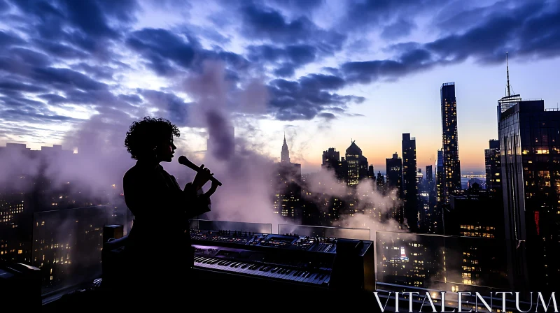 Singer Overlooking Cityscape at Sunset AI Image