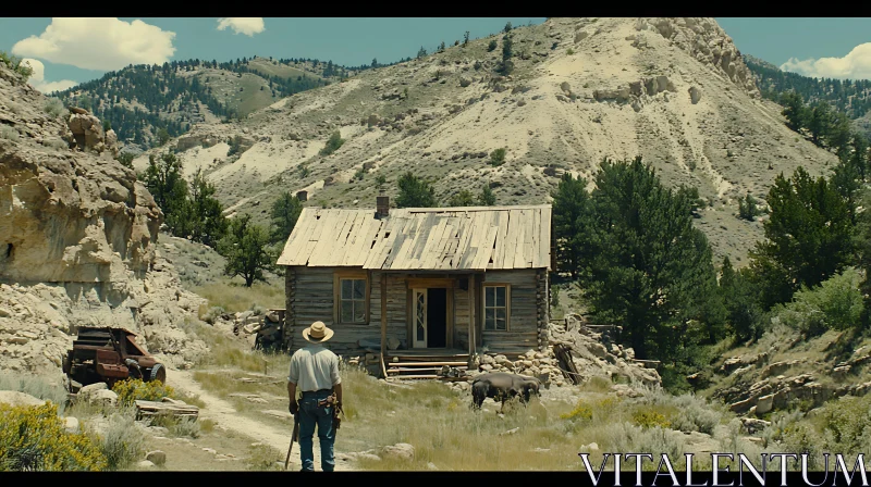 Isolated Mountain Cabin with Cowboy AI Image