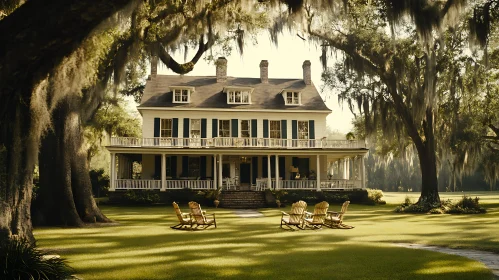 Stately House with Spanish Moss and Peaceful Veranda