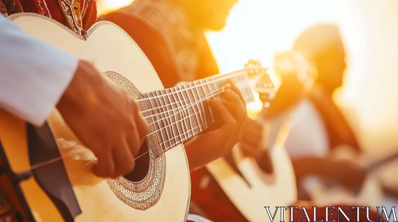 Guitarists Strumming in Sunset Glow AI Image