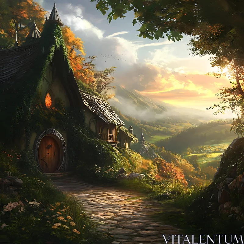 AI ART Charming Cottage Amidst Serene Nature at Sunset