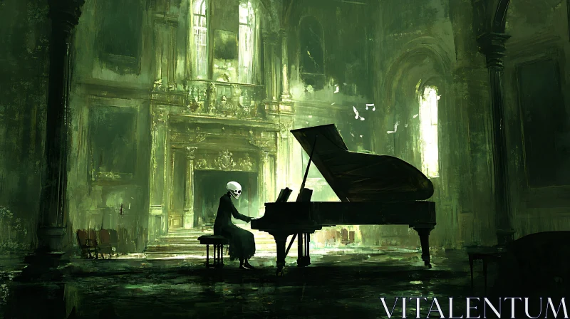 Skeleton Musician in Shadowy Cathedral AI Image