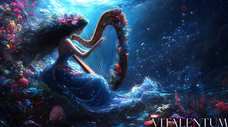 Ethereal Mermaid Harpist in Underwater Fantasy AI Image