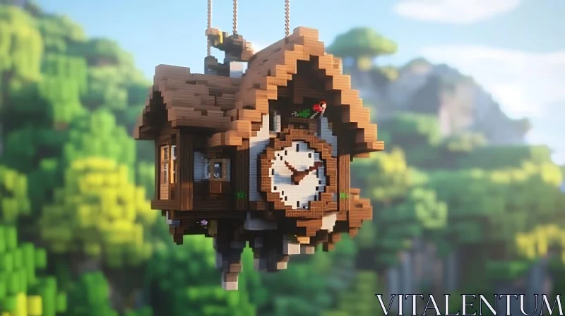 Whimsical Hanging Clock House in the Sky AI Image