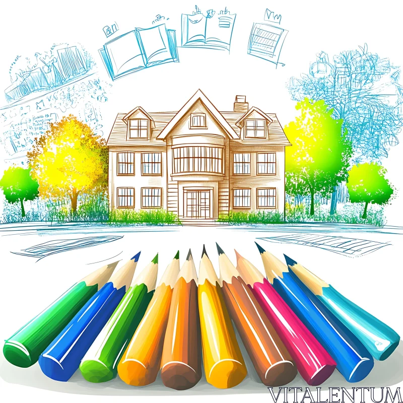 Artistic House Drawing with Pencil Colors AI Image