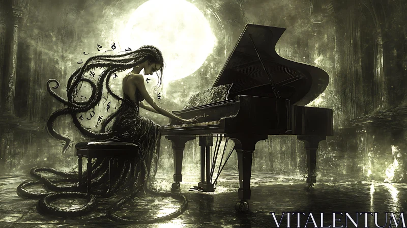 Fantastical Piano Performance in Moonlit Room AI Image