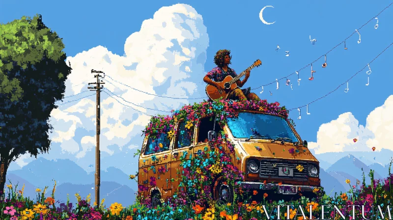 AI ART Vintage Van and Music in Blooming Nature