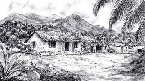 Rural Landscape with Mountains in Pencil Sketch