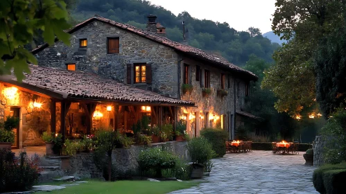 Stone House Patio at Dusk