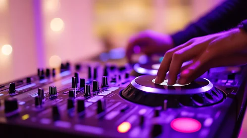 Hands on DJ Turntable under Soft Pink Lighting