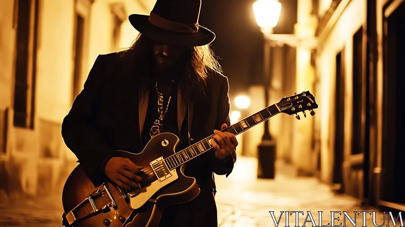 AI ART Street Musician Performing Under Night Lamps