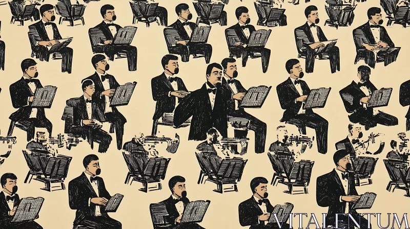 Vintage Orchestra Musicians in Tuxedos Illustration AI Image