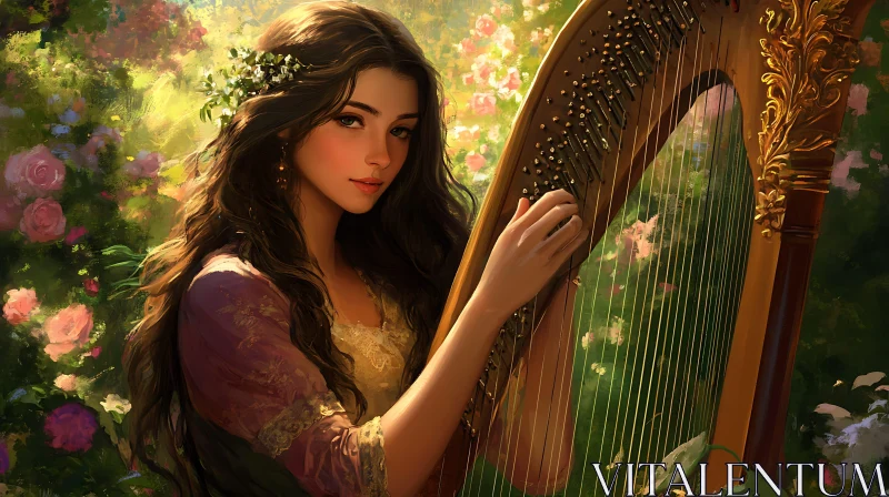 Harpist Amidst Blossoming Garden AI Image