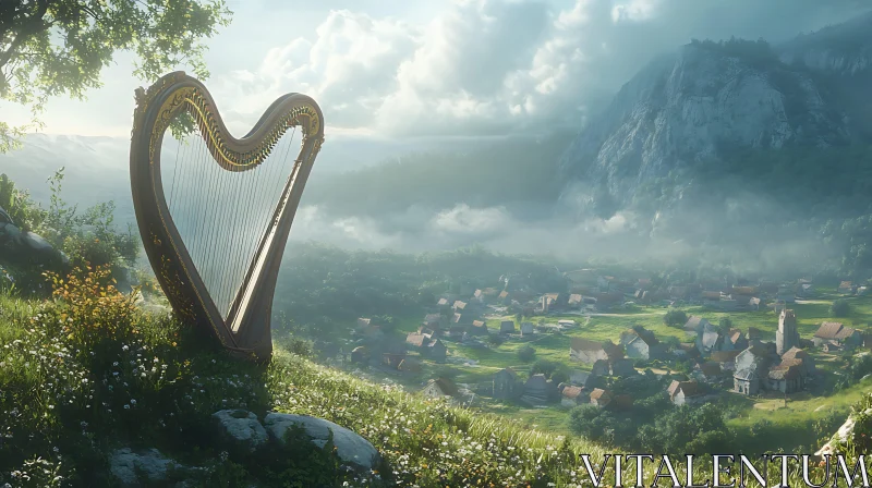 Serene Landscape with Harp and Village AI Image