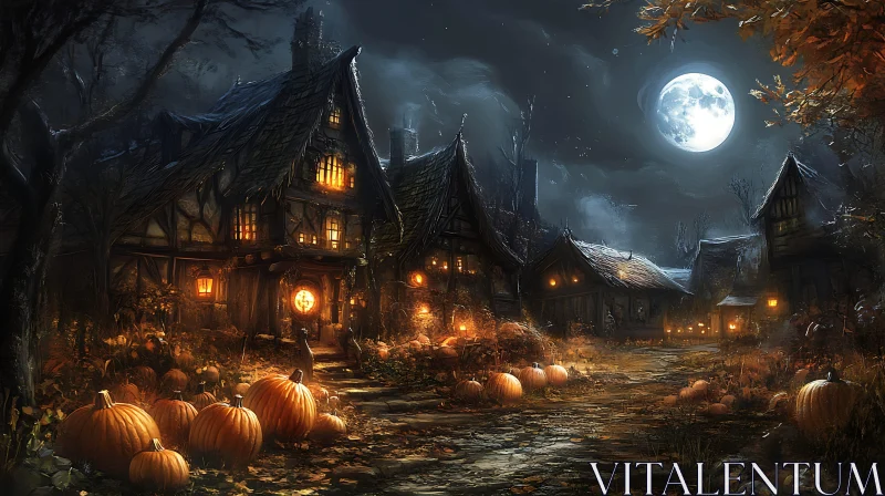 Mystical Cottages Under Moonlit Sky with Pumpkins AI Image