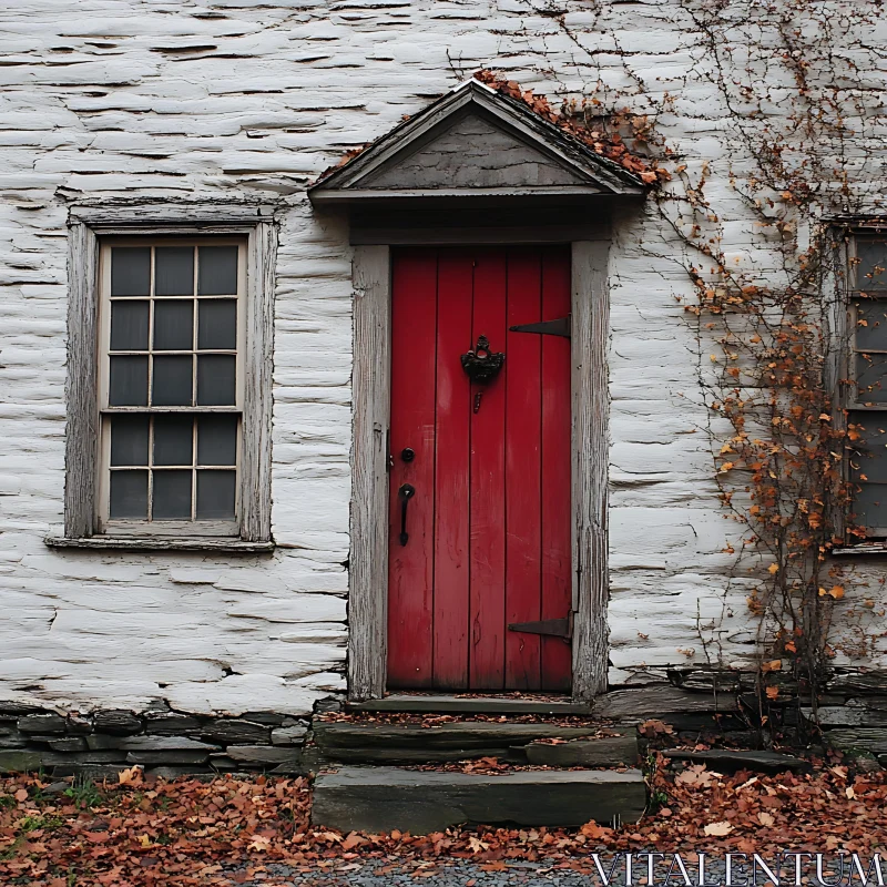 Charming Red Door with Autumn Leaves on an Old House AI Image