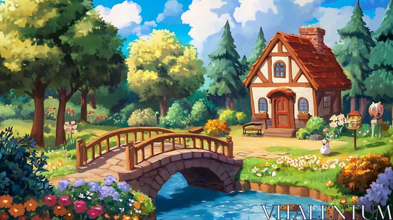 AI ART Fairy-Tale Cottage by a Stream