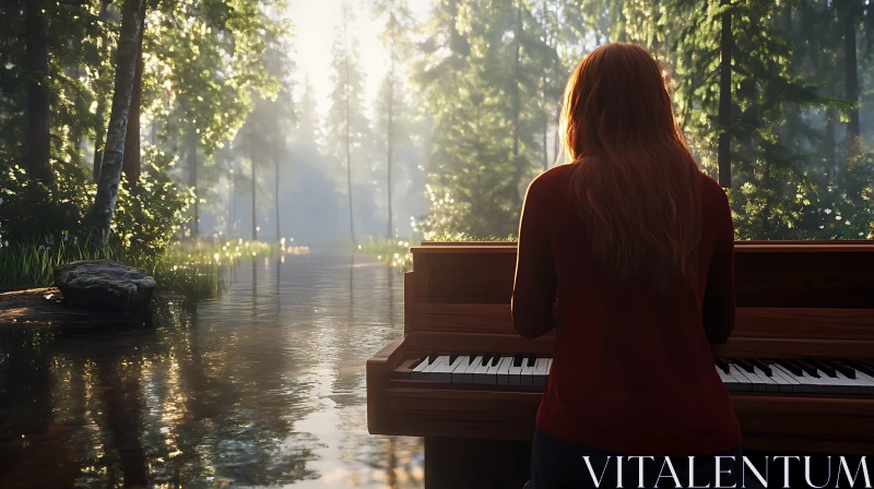 Serene Forest Piano with Sunlight AI Image