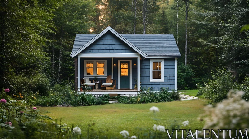 AI ART Cozy Blue Cottage Surrounded by Nature