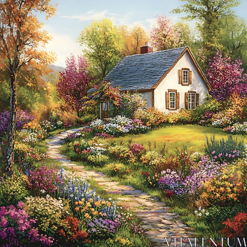 Charming Cottage with Blooming Garden Path AI Image