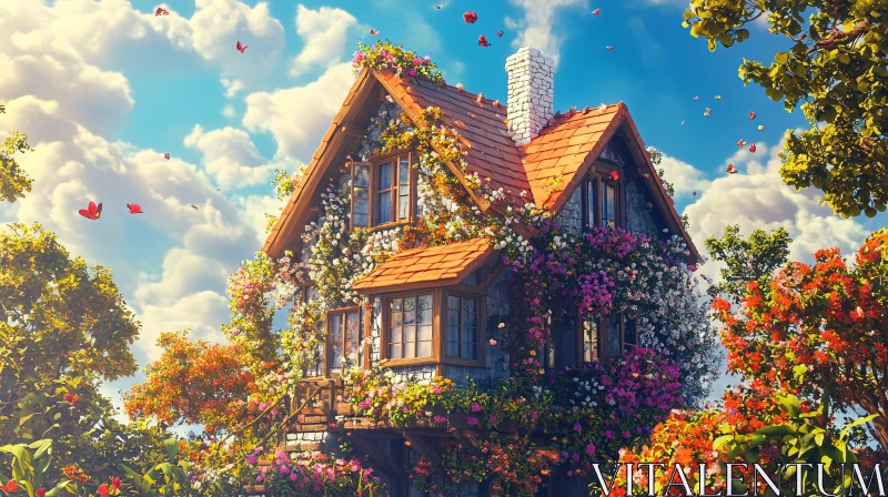 Charming Cottage Surrounded by Flowers and Butterflies AI Image