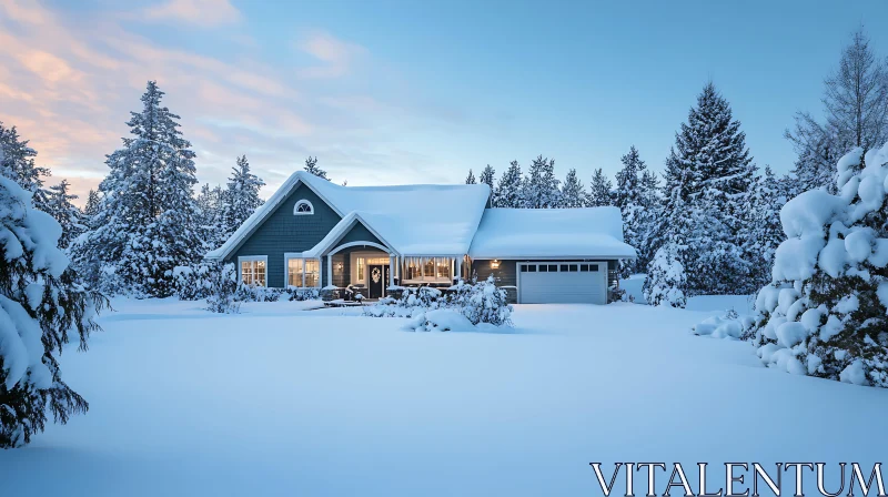 Tranquil Winter Cottage in the Snow AI Image