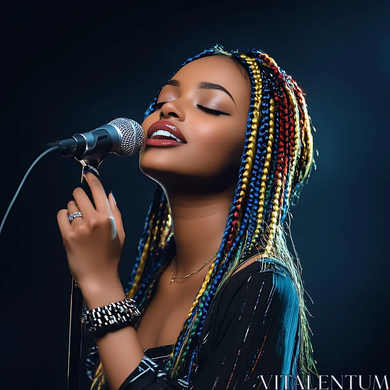 Vocalist with Vibrant Braids Singing AI Image