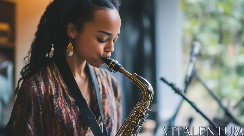 Young Female Saxophonist in Casual Setting AI Image