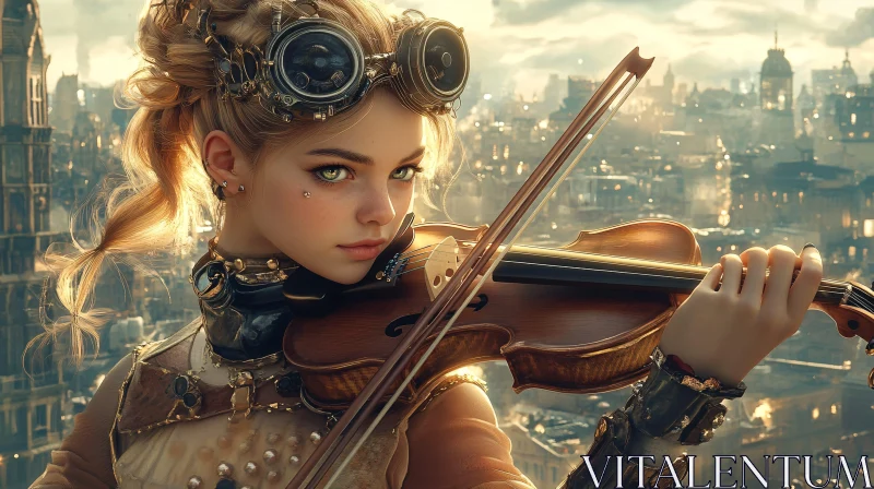 Violinist in Steampunk City AI Image