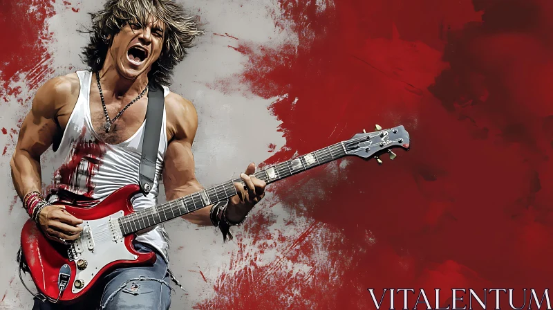 Passionate Guitarist in Red and Gray Abstract Art AI Image