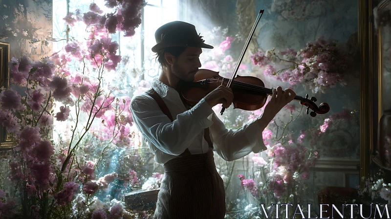 Gentleman Playing Violin Surrounded by Flowers AI Image