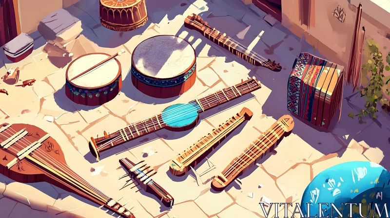 Array of Folk Musical Instruments Outdoors AI Image