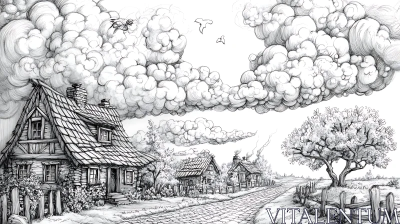 Rustic Cottages and Puffy Clouds Sketch AI Image