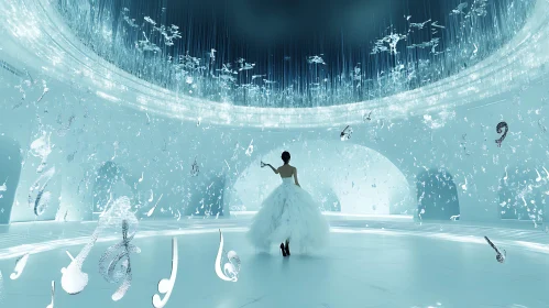 Dreamlike Ballerina Amidst Floating Musical Notes