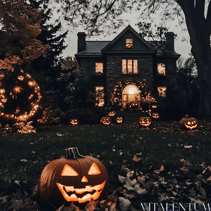 AI ART Haunted House with Illuminated Pumpkins