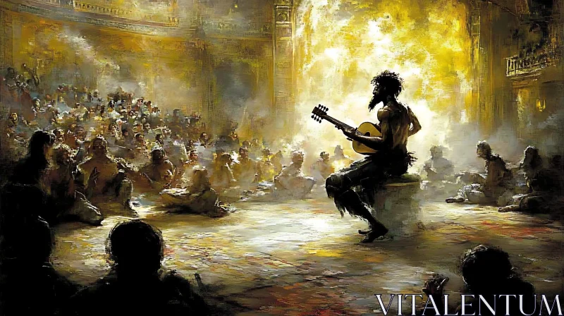 The Captivating Guitarist in a Golden-Hued Theater AI Image