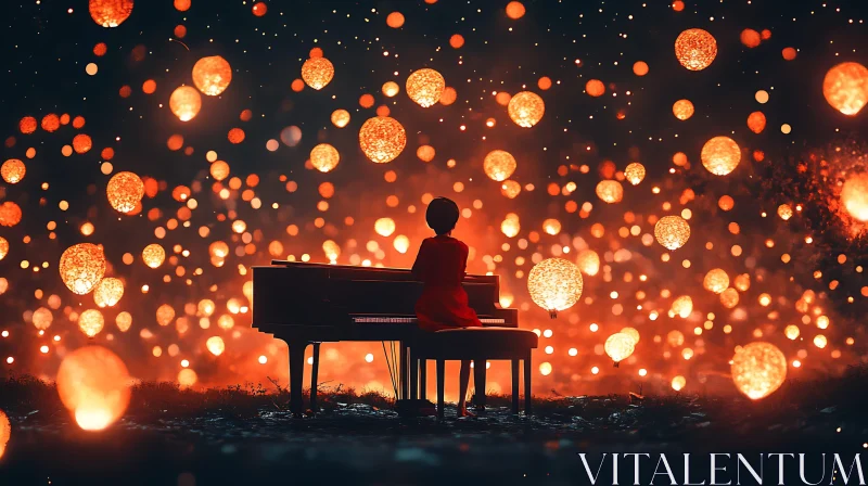 Magical Night: Piano Player with Lanterns AI Image