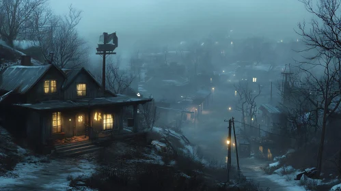 Mysterious Misty Village Night Scene