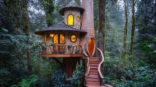 Whimsical Treehouse within a Dense Forest