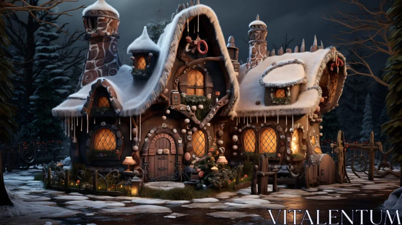 Snow-Covered Gingerbread Cottage in Wintry Forest AI Image