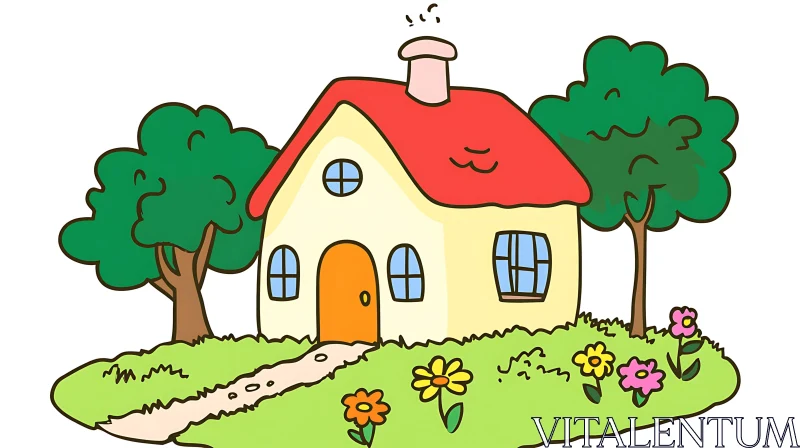 AI ART Cosy Cartoon House with Trees and Flowers