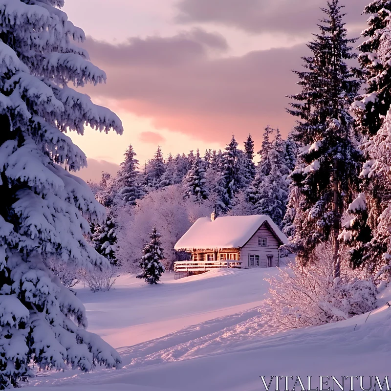 AI ART Idyllic Winter Cabin Amidst Snowy Trees