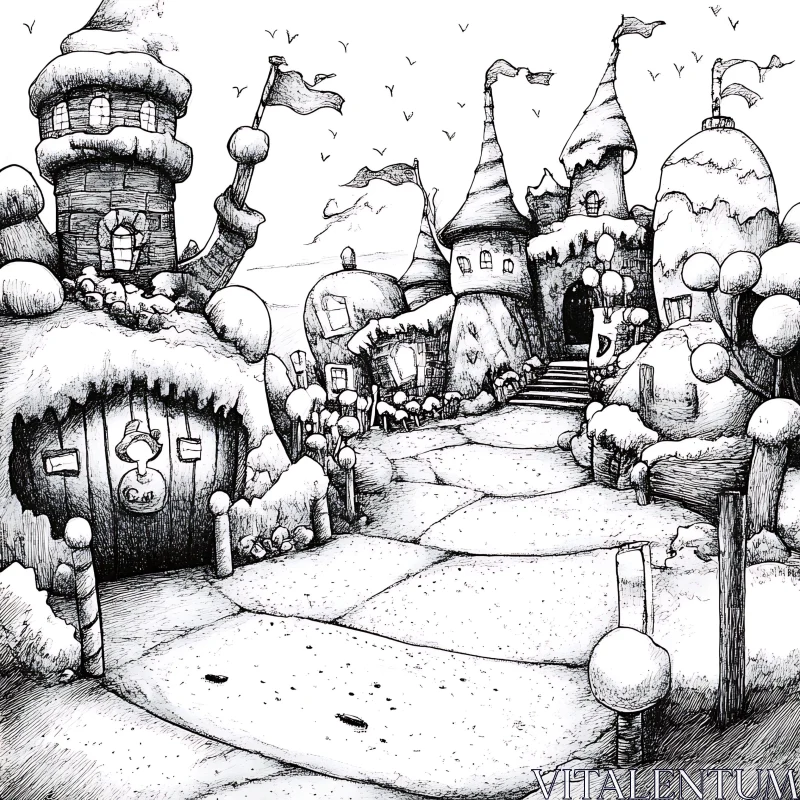 Charming Ink Village with Peculiar Roofs and Twisted Pathways AI Image