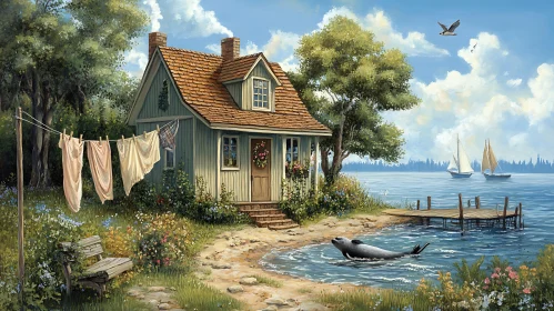 Tranquil Seaside Cottage with Flowers and Sailboats