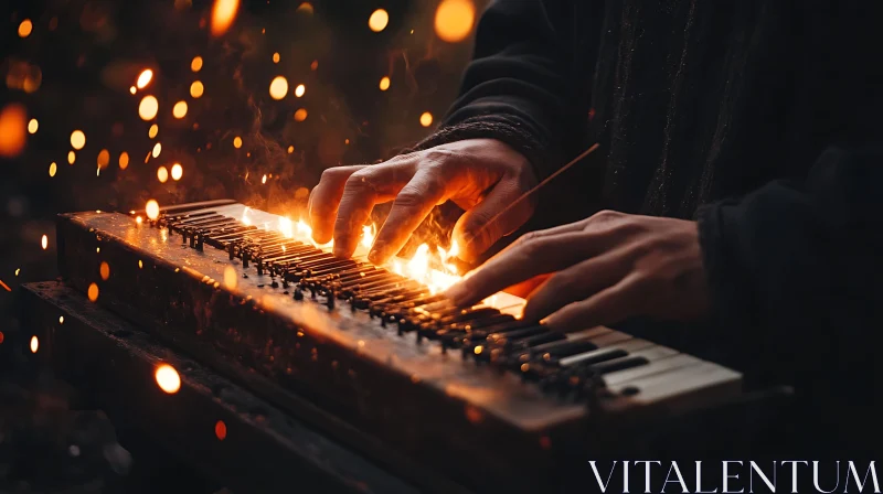 Flaming Piano Played in Darkness AI Image