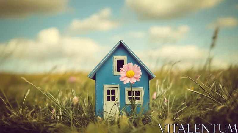 Surreal Scene with Miniature House and Flower AI Image